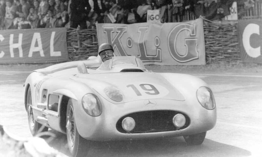 Juan Manuel Fangio miraculously escaped the catastrophic accident at Le Mans unharmed, was leading at midnight, then Mercedes-Benz withdrew the cars