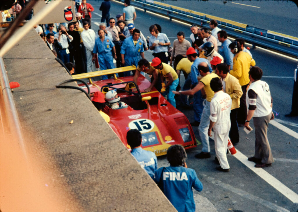 Pit stop by Brian Redman in the Ferrari 312PB at Le Mans