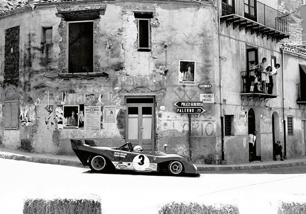 Targa Florio 1973 - Race winner Arturo Merzario in a Ferrari 312PB in the village of Collesano